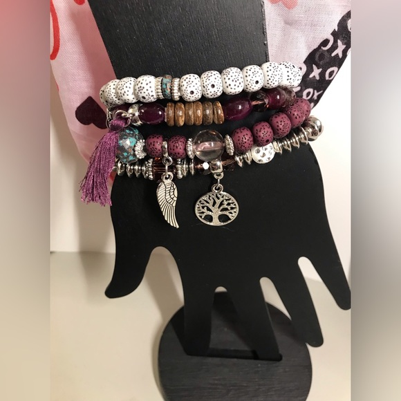 🌳 4 Pcs Tree of Life, Tassel Purple Charm  Beaded Bracelet Set NWT - Picture 2 of 6
